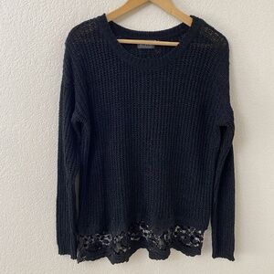 Astr Sweater Size Medium Black Open Knit Lace Trim